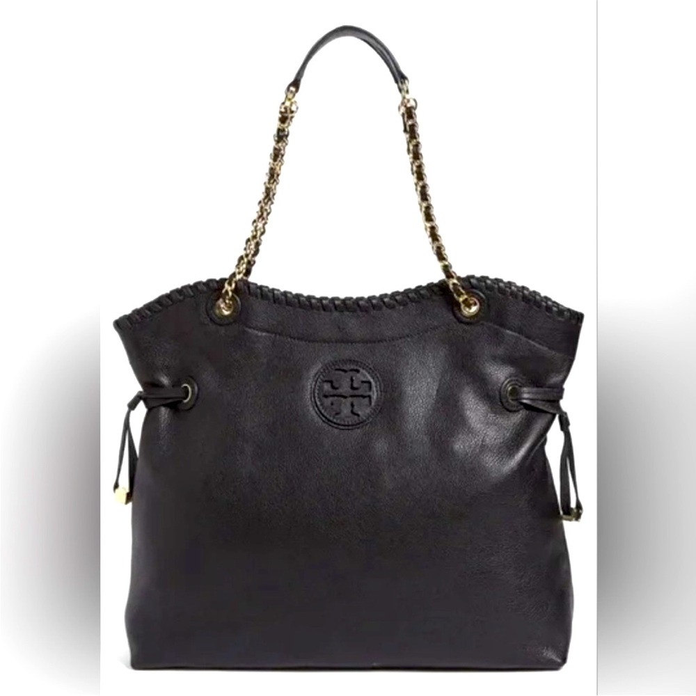 Tory Burch Marion Black Pebbled Leather Whipstitch Tote MSRP $595 Now $103